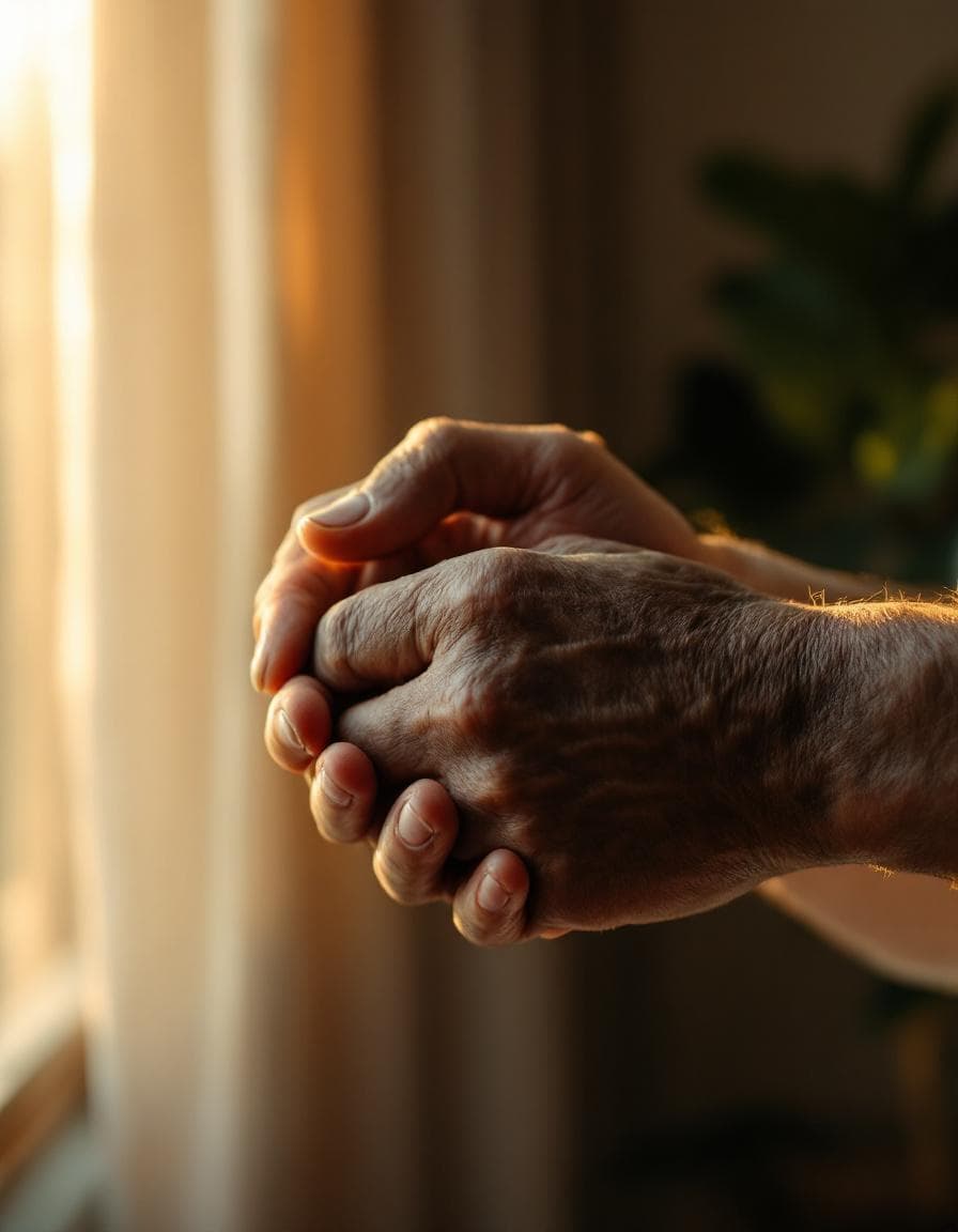A younger hand tenderly holding an elderly grandfather's hand
