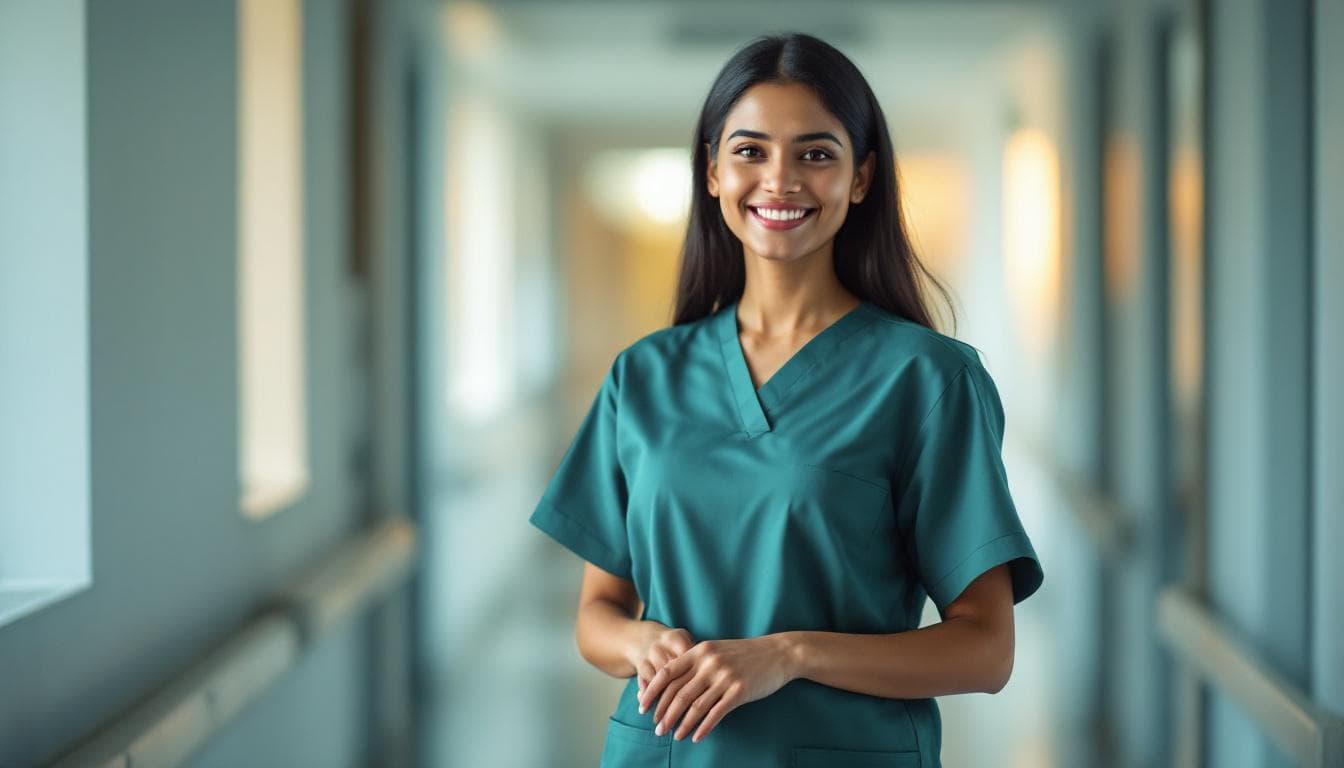 A confident caretaker smiling warmly in a modern hospital corridor