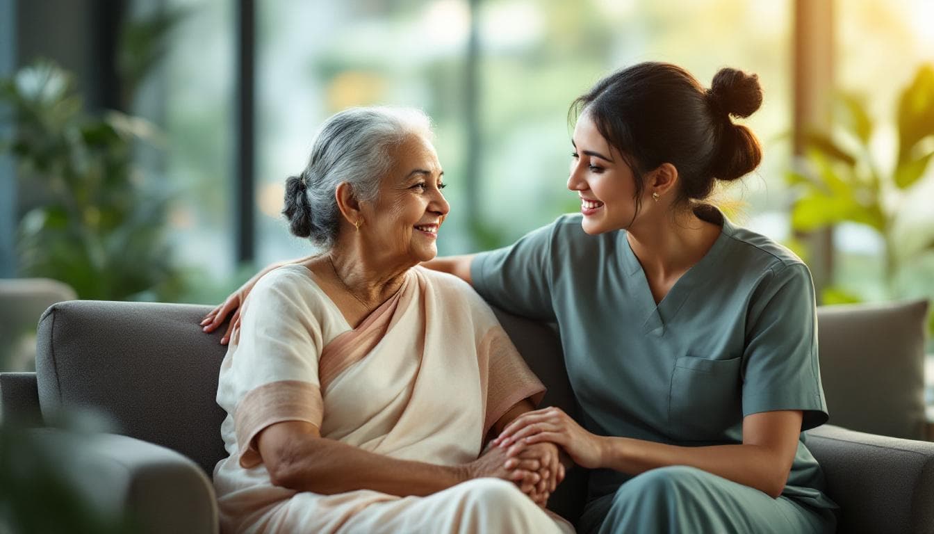 A caretaker holding the hand of an elderly woman, both smiling warmly